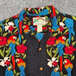 Paradise Found Shirt Medium Black‎ Parrot Hawaiian Floral Rayon Aloha Men's